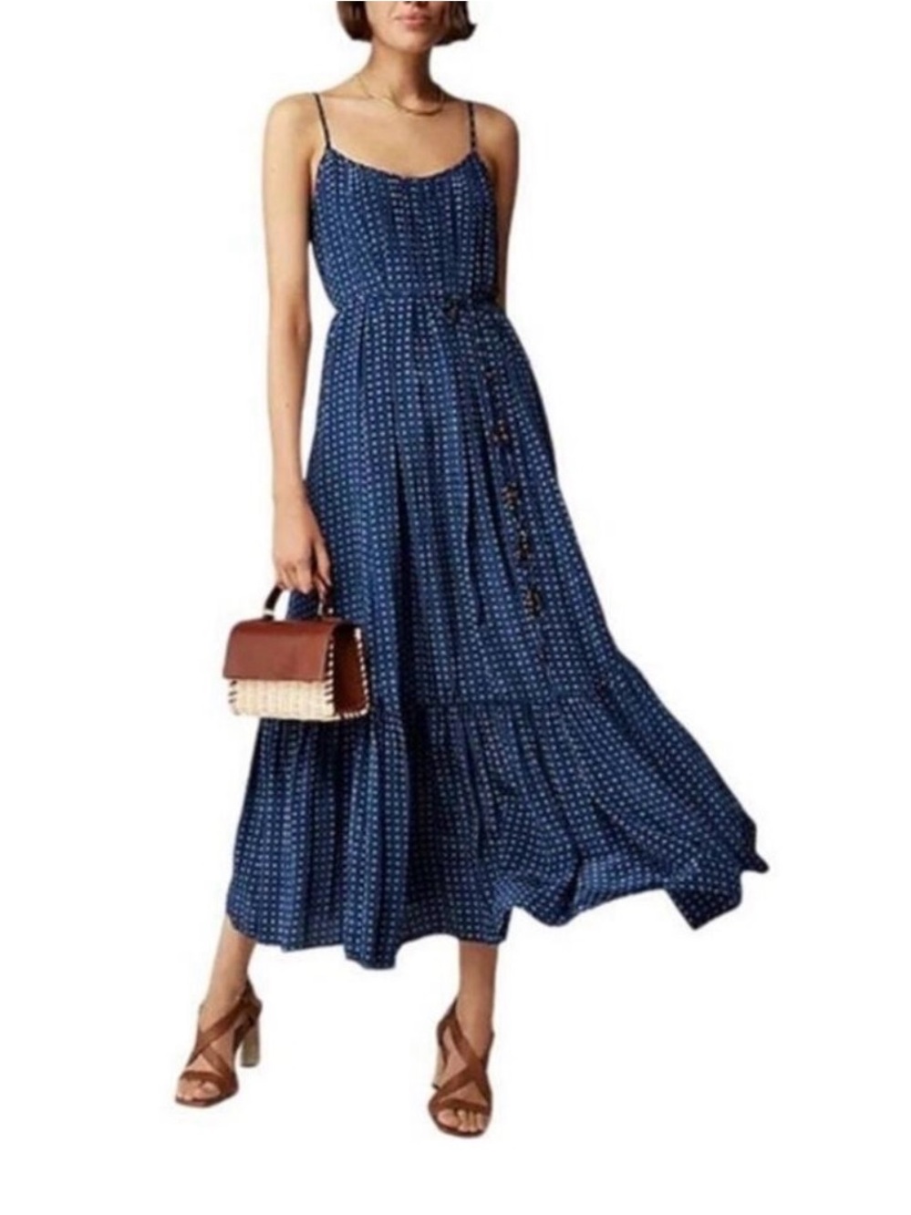 J Crew Caspia Dot Print Crepe De Chino Belted Midi Dress Women's Size XXS